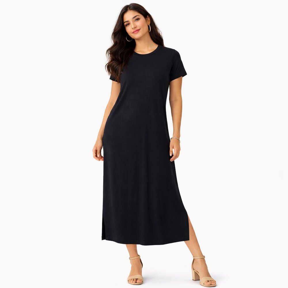 NEW d&co. beach Petite Midi Dress Black Short Sleeve XXSP